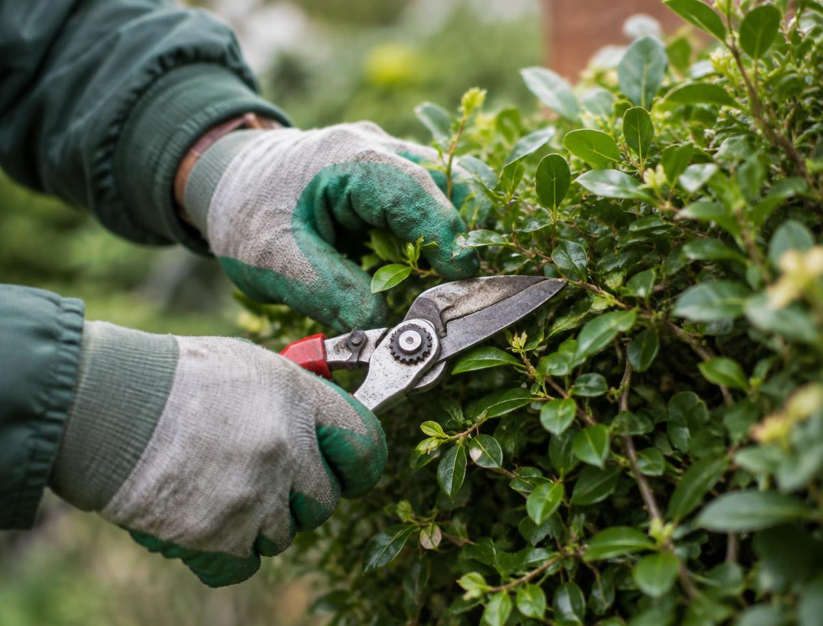 Gloved hands pruning an evergreen hedge with secateurs