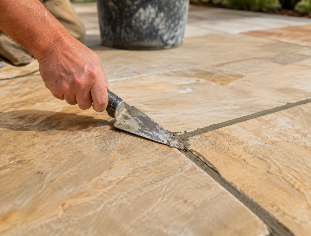 A trowel pointing the joints between natural sandstone paving slabs